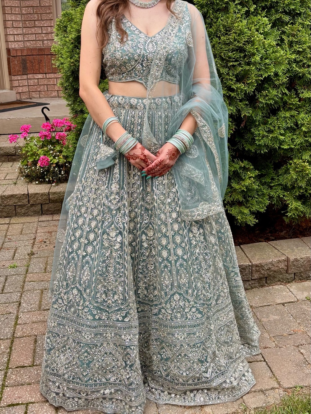 Embroidered Sage Green Lehenga with Sheer Dupatta